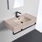 Beige Travertine Design Ceramic Wall Mounted Sink With Black Towel Bar